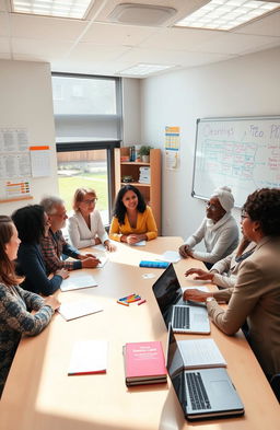 A diverse group of school principals gathered around a large table in a conference room, engaged in a brain-storming session to develop strategies that foster a sense of belonging within their school community