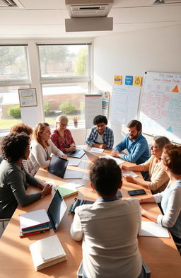 A diverse group of school principals gathered around a large table in a conference room, engaged in a brain-storming session to develop strategies that foster a sense of belonging within their school community