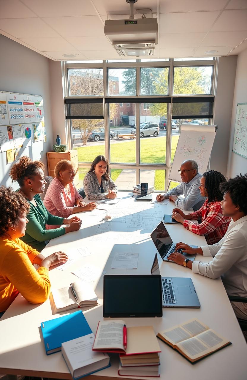 A diverse group of school principals gathered around a large table in a conference room, engaged in a brain-storming session to develop strategies that foster a sense of belonging within their school community