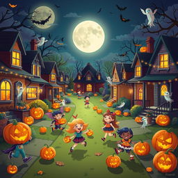 A lively Halloween night scene in HD flat cartoon style, featuring a bustling neighborhood full of Halloween excitement