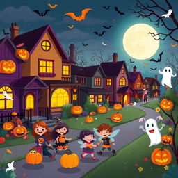 A lively Halloween night scene in HD flat cartoon style, featuring a bustling neighborhood full of Halloween excitement