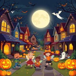 A lively Halloween night scene in HD flat cartoon style, featuring a bustling neighborhood full of Halloween excitement