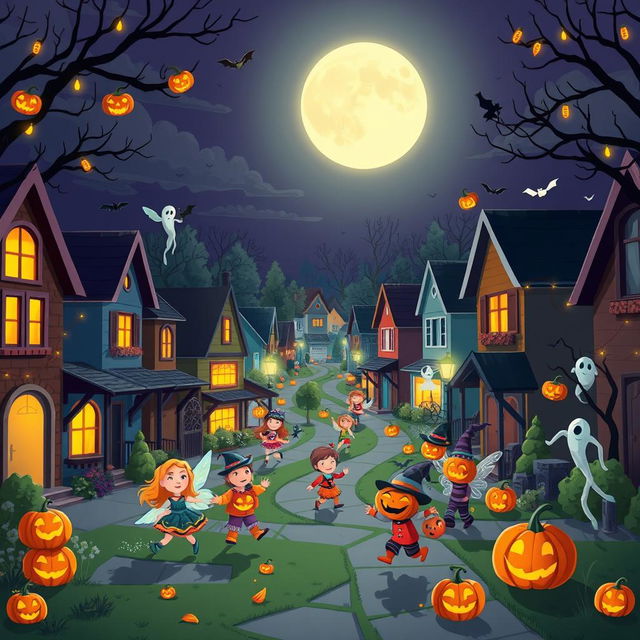 A lively Halloween night scene in HD flat cartoon style, featuring a bustling neighborhood full of Halloween excitement