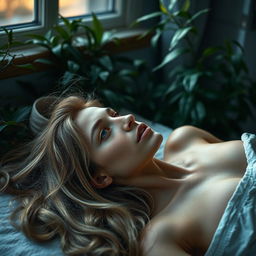 A photorealistic close-up portrait of a young European woman with long, light hair lying on her back on a bed, gazing out of the window