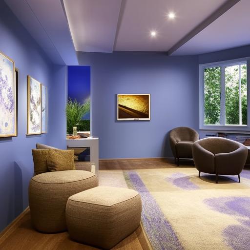 A calming room with warm lighting and blue walls decorated with unique artwork. Plush rugs cover a wooden floor, leading to a comfortable seating area with large chairs and an inviting sofa. A gentle scent of lavender fills the air, promoting relaxation.