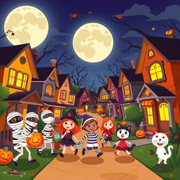 A lively and colorful Halloween night scene in HD flat cartoon style, showcasing a bustling neighborhood filled with Halloween cheer