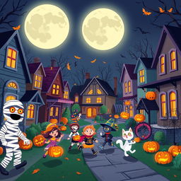 A lively and colorful Halloween night scene in HD flat cartoon style, showcasing a bustling neighborhood filled with Halloween cheer