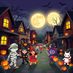 A lively and colorful Halloween night scene in HD flat cartoon style, showcasing a bustling neighborhood filled with Halloween cheer