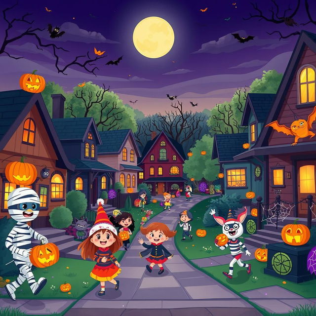 A lively and colorful Halloween night scene in HD flat cartoon style, showcasing a bustling neighborhood filled with Halloween cheer