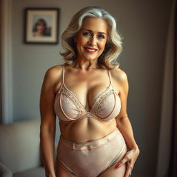 A confident and alluring older woman adorned in elegant, sexy lingerie, emphasizing her voluptuous curves