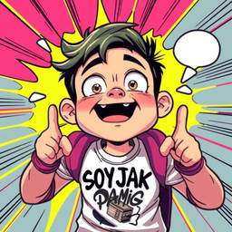 A colorful and humorous depiction of a soyjak character, featuring exaggerated facial expressions with wide eyes and an open mouth in a comedic pose