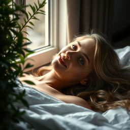 A photorealistic close-up portrait of a young European woman with long, light hair, lying on her back on a bed, romantically smiling as she gazes out the window