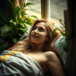 A photorealistic close-up portrait of a young European woman with long, light hair, lying on her back on a bed, romantically smiling as she gazes out the window