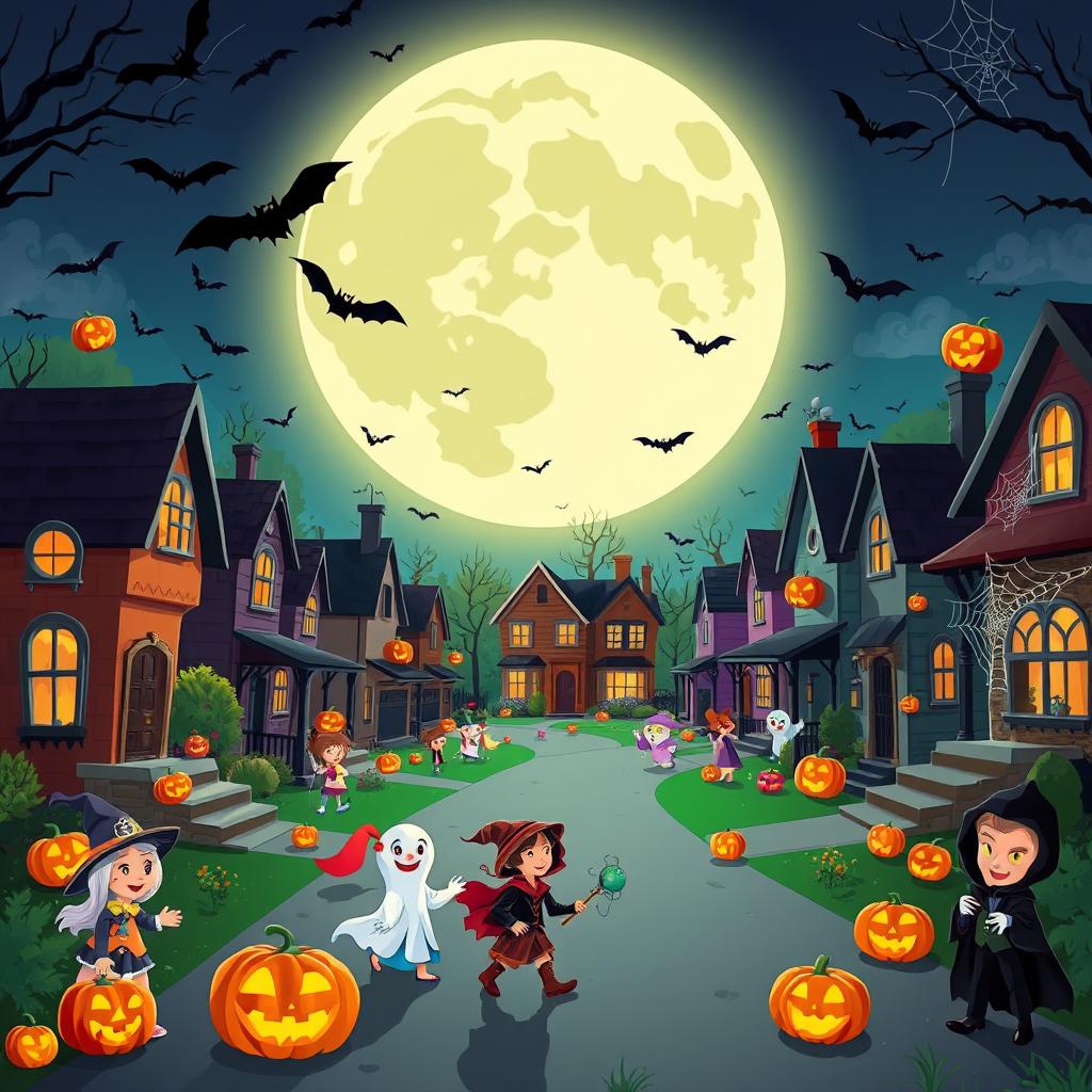 A vibrant and animated Halloween night depicted in HD flat cartoon style