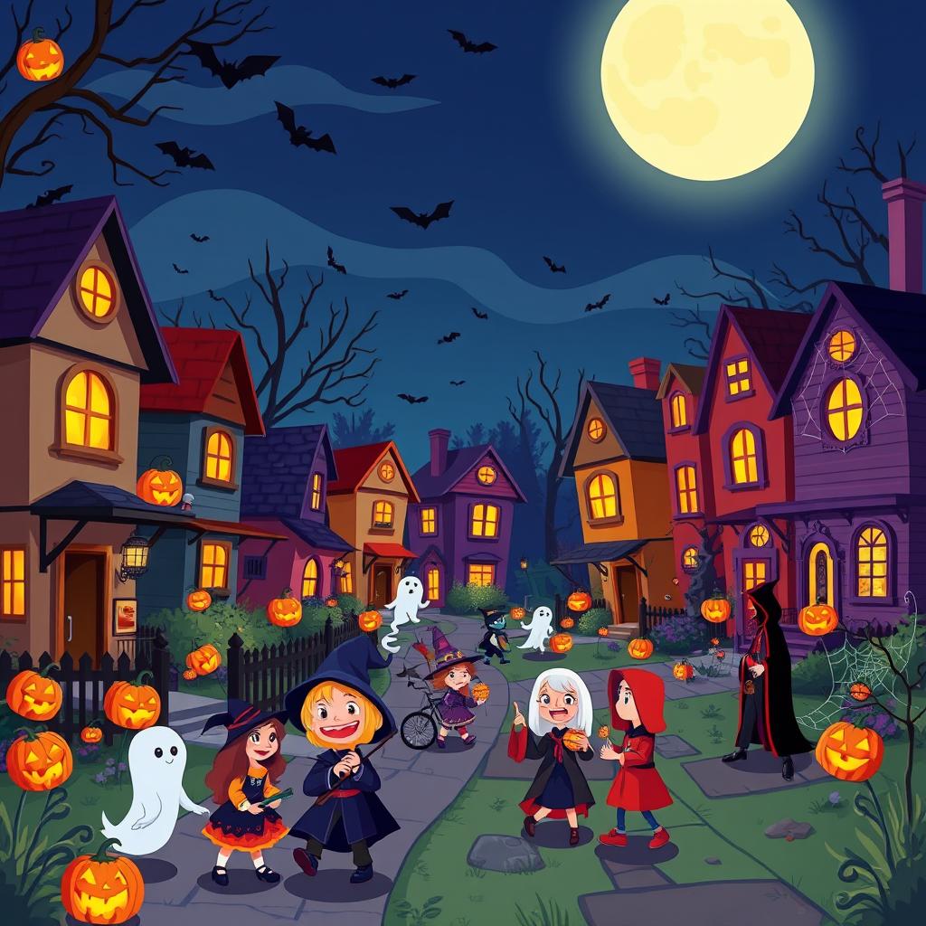 A vibrant and animated Halloween night depicted in HD flat cartoon style