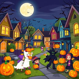 A vibrant and animated Halloween night depicted in HD flat cartoon style