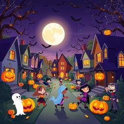 A vibrant and animated Halloween night depicted in HD flat cartoon style