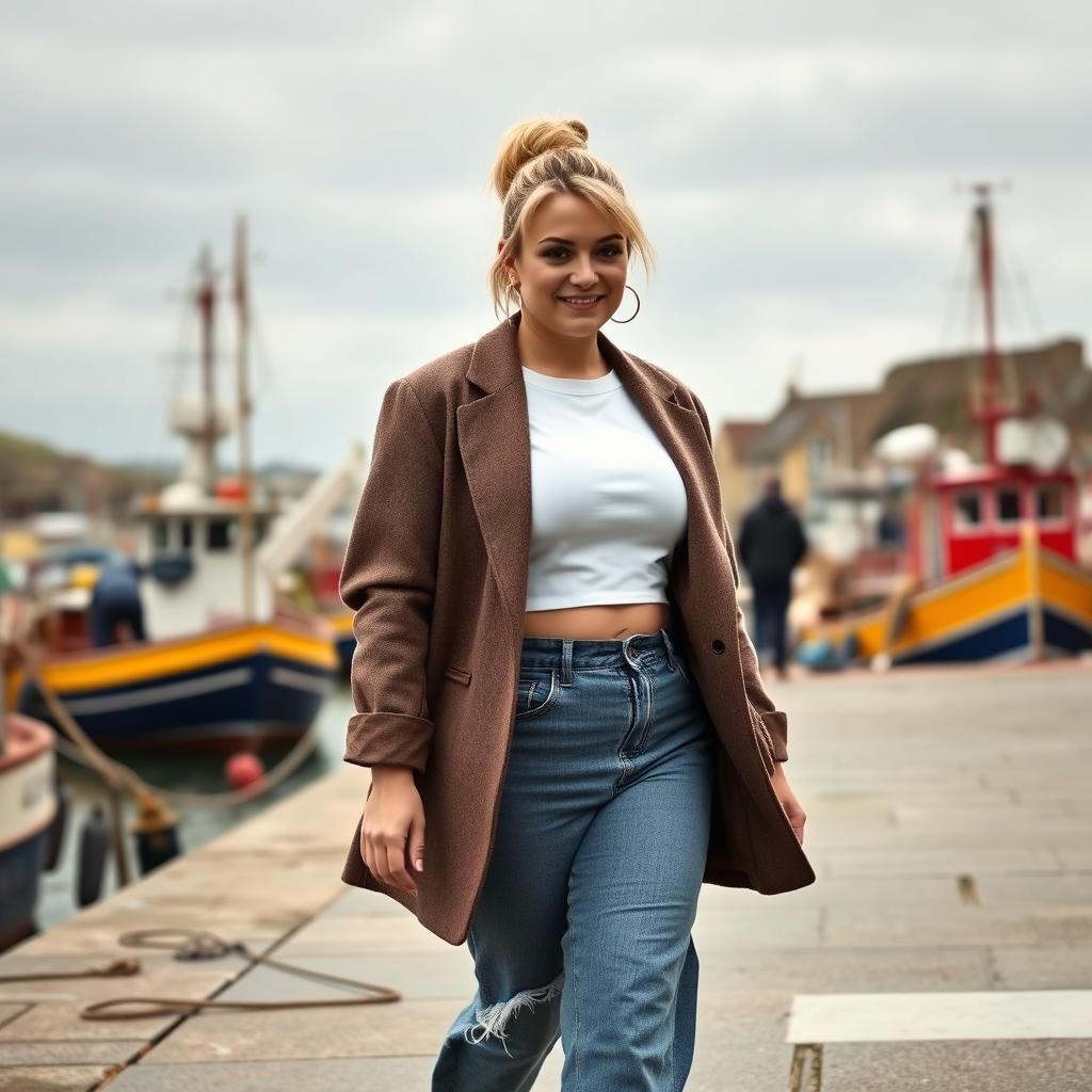 A curvy and chubby blonde 40-year-old lady with a ponytail, dressed in a stylish roll sleeve white crop top, paired with a mink textured wool look oversized blazer and vintage wash frayed waistband wide leg jeans