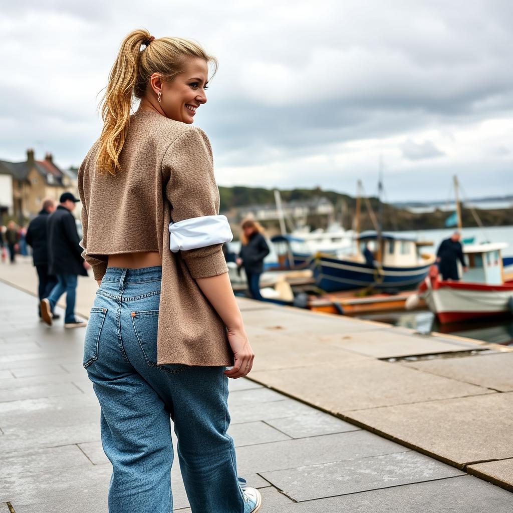 A curvy and chubby blonde 40-year-old lady with a ponytail, dressed in a stylish roll sleeve white crop top, paired with a mink textured wool look oversized blazer and vintage wash frayed waistband wide leg jeans