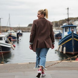 A curvy and chubby blonde 40-year-old lady with a ponytail, dressed in a stylish roll sleeve white crop top, paired with a mink textured wool look oversized blazer and vintage wash frayed waistband wide leg jeans