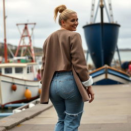 A curvy and chubby blonde 40-year-old lady with a ponytail, dressed in a stylish roll sleeve white crop top, paired with a mink textured wool look oversized blazer and vintage wash frayed waistband wide leg jeans