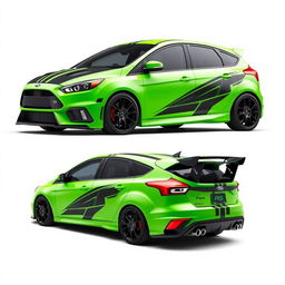 A customized AWD car showcasing three views: angled front, side, and rear, inspired by the 2009 Focus RS with unique enhancements