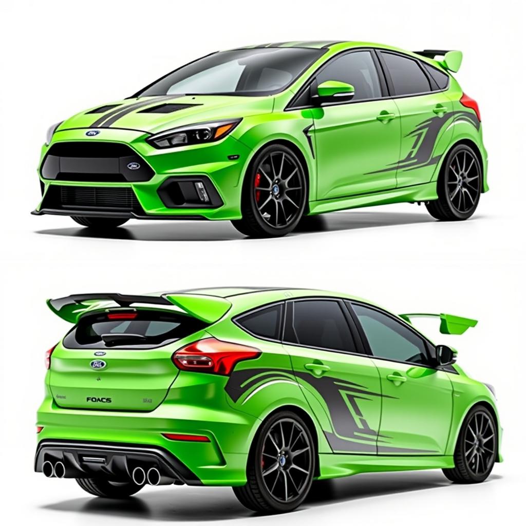 A customized AWD car showcasing three views: angled front, side, and rear, inspired by the 2009 Focus RS with unique enhancements