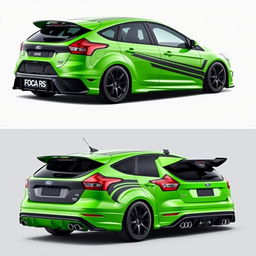 A customized AWD car showcasing three views: angled front, side, and rear, inspired by the 2009 Focus RS with unique enhancements