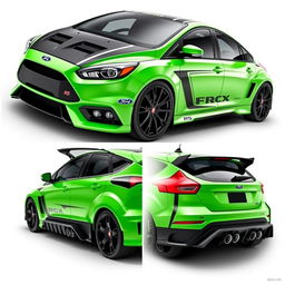 A customized AWD car showcasing three views: angled front, side, and rear, inspired by the 2009 Focus RS with unique enhancements