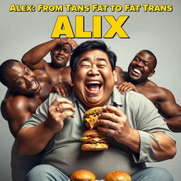 A humorous movie poster featuring a large Asian man joyfully eating hamburgers, with a group of muscular, oiled-up black men playfully surrounding him