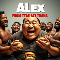 A humorous movie poster featuring a large Asian man joyfully eating hamburgers, with a group of muscular, oiled-up black men playfully surrounding him