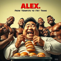 A humorous movie poster featuring a large Asian man joyfully eating hamburgers, with a group of muscular, oiled-up black men playfully surrounding him