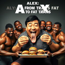 A humorous movie poster featuring a large Asian man joyfully eating hamburgers, with a group of muscular, oiled-up black men playfully surrounding him