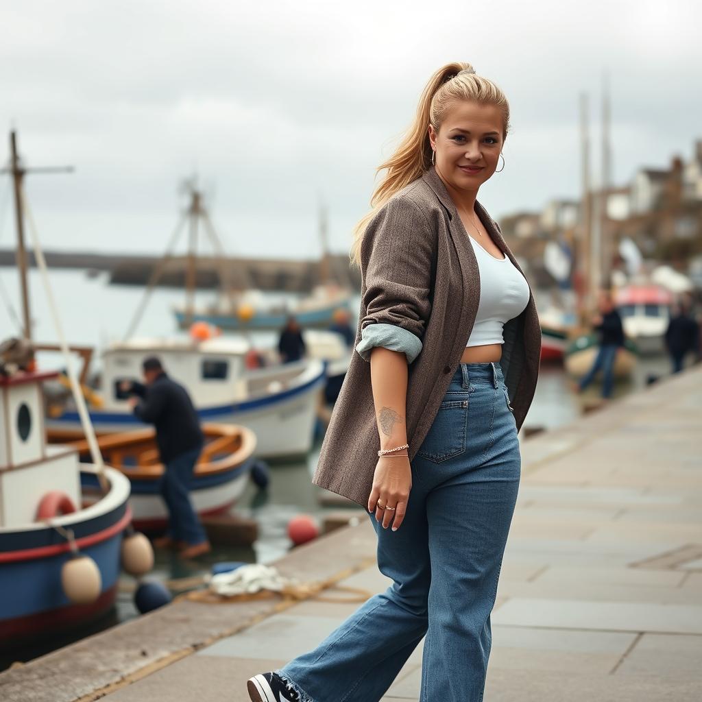 A curvy and chubby blonde 40-year-old lady with a ponytail, dressed in a stylish roll sleeve white crop top, paired with a mink textured wool look oversized blazer and vintage wash frayed waistband wide leg jeans