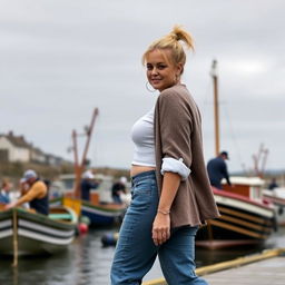 A curvy and chubby blonde 40-year-old lady with a ponytail, dressed in a stylish roll sleeve white crop top, paired with a mink textured wool look oversized blazer and vintage wash frayed waistband wide leg jeans