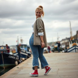 A curvy and chubby blonde 40-year-old lady with a ponytail, dressed in a stylish roll sleeve white crop top, paired with a mink textured wool look oversized blazer and vintage wash frayed waistband wide leg jeans