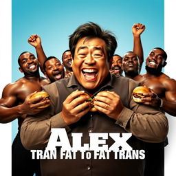 A humorous movie poster featuring a large Asian man joyfully eating hamburgers, with a group of muscular, oiled-up black men playfully surrounding him