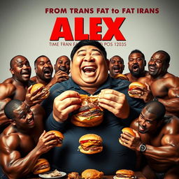 A humorous movie poster featuring a large Asian man joyfully eating hamburgers, with a group of muscular, oiled-up black men playfully surrounding him