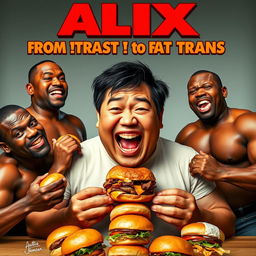 A humorous movie poster featuring a large Asian man joyfully eating hamburgers, with a group of muscular, oiled-up black men playfully surrounding him