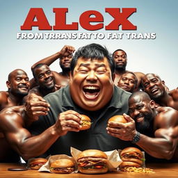 A humorous movie poster featuring a large Asian man joyfully eating hamburgers, with a group of muscular, oiled-up black men playfully surrounding him