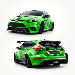 A sleek, custom-designed AWD 2-door car inspired by the 2009 Ford Focus RS, showcased from angled front, side, and rear views