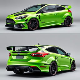 A sleek, custom-designed AWD 2-door car inspired by the 2009 Ford Focus RS, showcased from angled front, side, and rear views