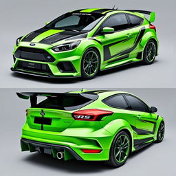 A sleek, custom-designed AWD 2-door car inspired by the 2009 Ford Focus RS, showcased from angled front, side, and rear views