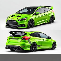 A sleek, custom-designed AWD 2-door car inspired by the 2009 Ford Focus RS, showcased from angled front, side, and rear views