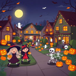 An engaging Halloween night depicted in HD flat cartoon style, showcasing a vibrant and bustling neighborhood filled with Halloween merriment