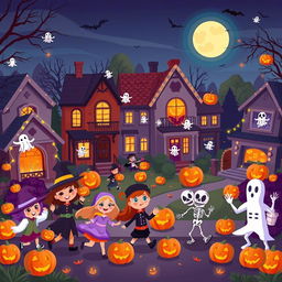 An engaging Halloween night depicted in HD flat cartoon style, showcasing a vibrant and bustling neighborhood filled with Halloween merriment