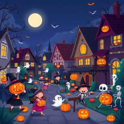 An engaging Halloween night depicted in HD flat cartoon style, showcasing a vibrant and bustling neighborhood filled with Halloween merriment