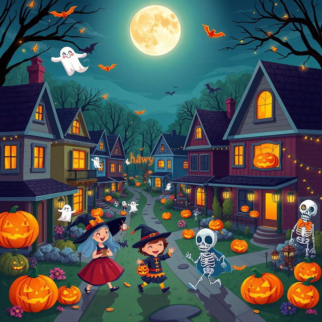 An engaging Halloween night depicted in HD flat cartoon style, showcasing a vibrant and bustling neighborhood filled with Halloween merriment