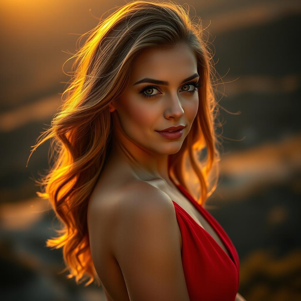 Attractive woman with glowing skin, wearing a stunning red dress, posed confidently under golden sunset lighting