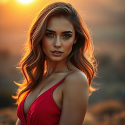 Attractive woman with glowing skin, wearing a stunning red dress, posed confidently under golden sunset lighting